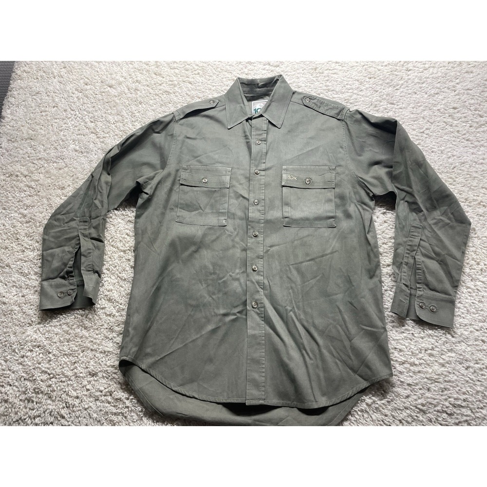 Vintage 10X Brand Olive Drab Button Up L/S Hunting Shirt Men's L  EUC